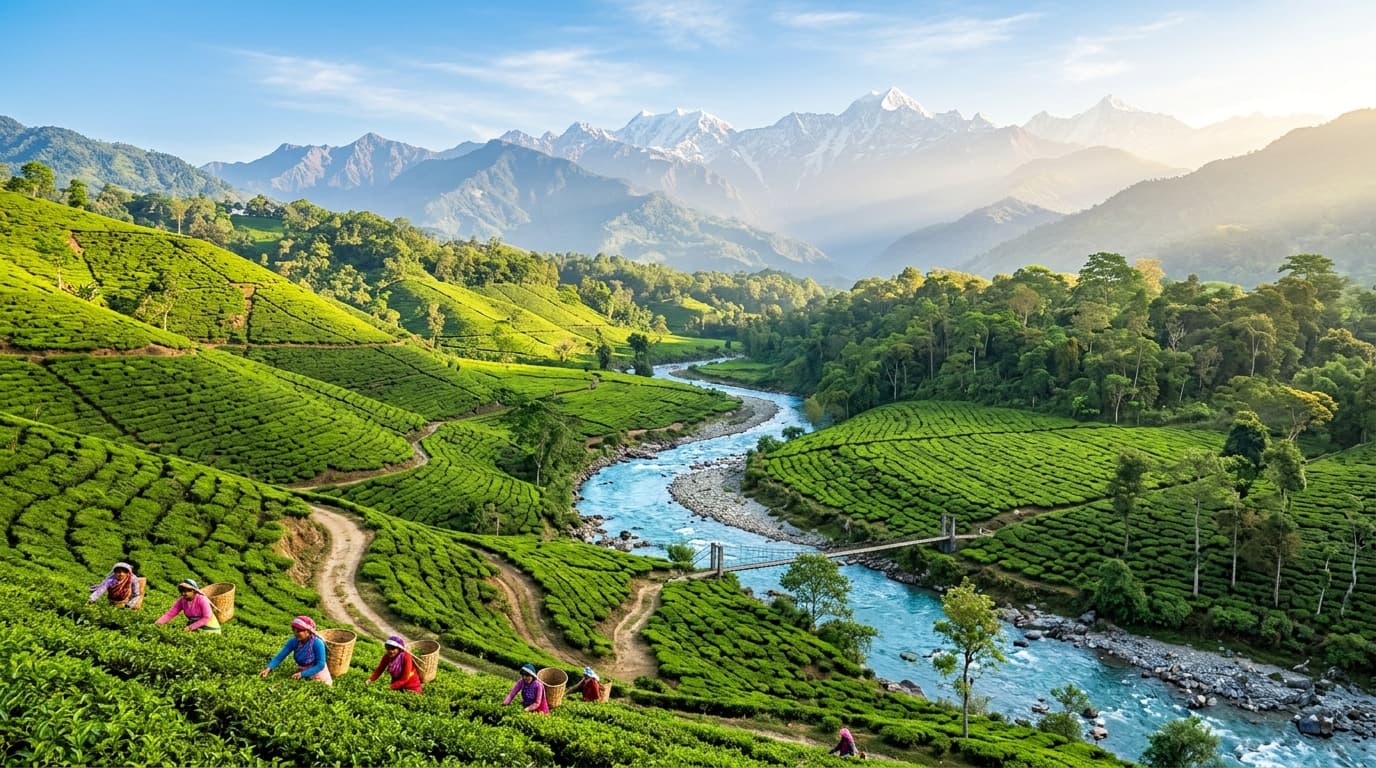 Scenic Northeast India tea gardens and Himalayan mountains